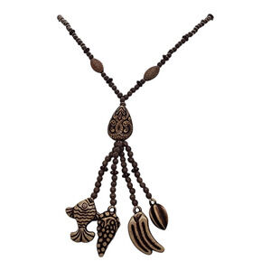 Vintage Carved Wood Resin & Tagua Nut Beaded Y Drop Tassel charm Necklace Native